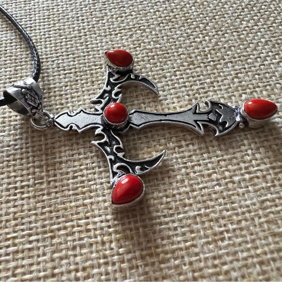New Gothic Style Silver Overlay and Coral Cross Pendant Necklace - Picture 2 of 7